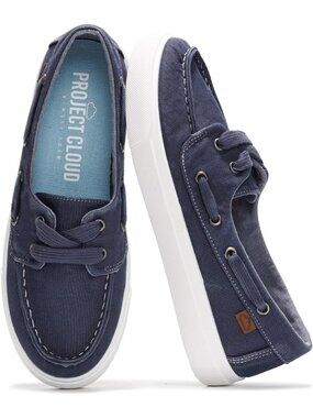 Women's Navy Loafers Boat Shoes Closed Toe Flat Solid Pull-On Canvas Sneakers